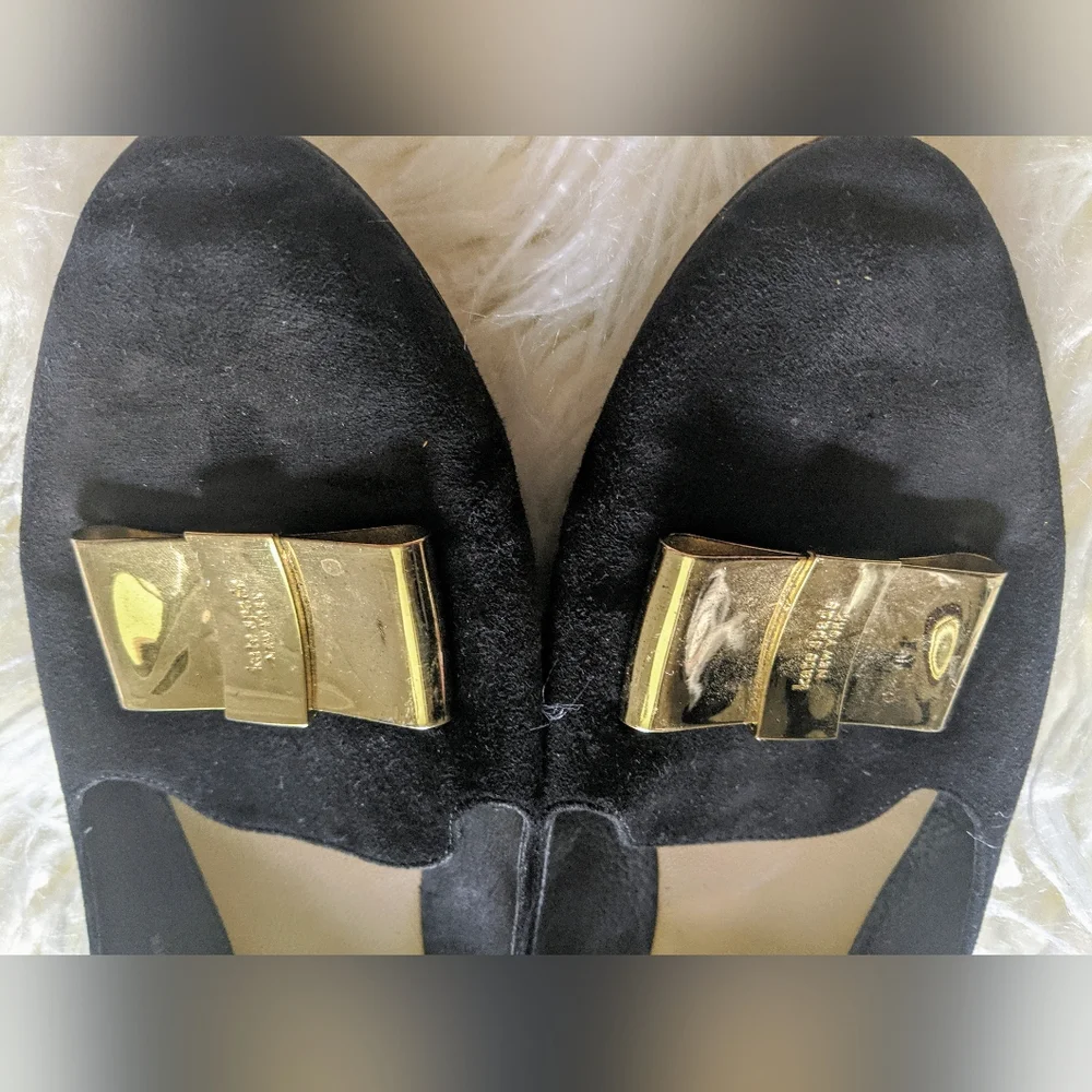 Kate Spade Silina Black Suede Gold Bow Flats size 8
